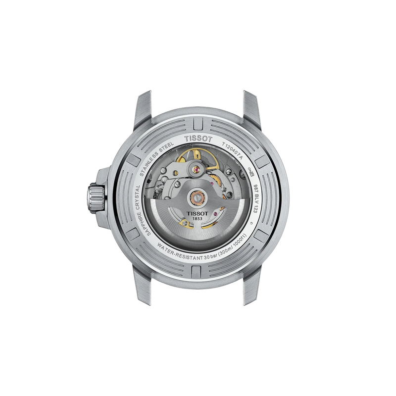 T120.407.11.051.00 — Vista posterior de la caja del reloj Tissot Seastar 1000 43mm