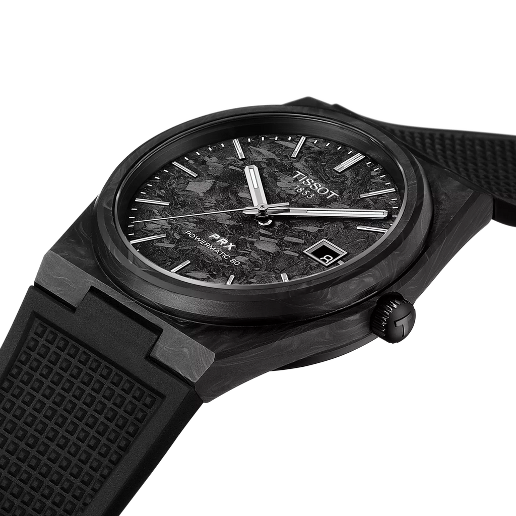 Reloj Tissot PRX Powermatic 80 40.5 mm Automático Negro carbono T137.907.97.201.00 – detalle de esfera y acabados