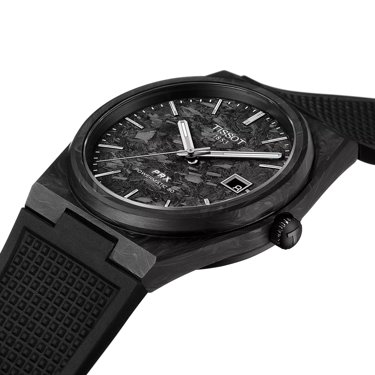 Reloj Tissot PRX Powermatic 80 40.5 mm Automático Negro carbono T137.907.97.201.00 – detalle de esfera y acabados
