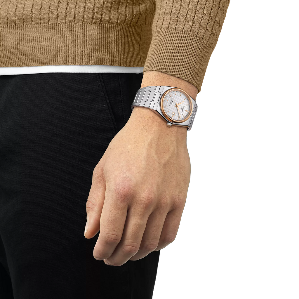 Reloj Tissot PRX Powermatic 80 40 mm Automático Blanco y oro rosa T137.407.21.031.00 – vista en muñeca
