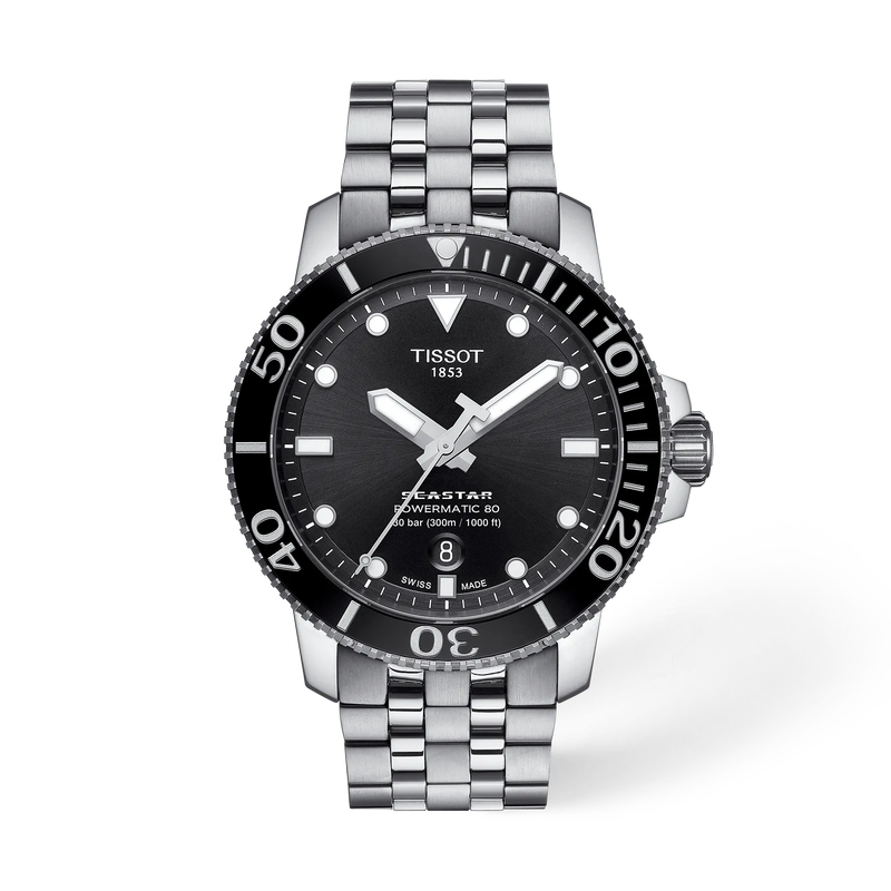 T120.407.11.051.00 — Vista frontal del reloj Tissot Seastar 1000 43mm con sombra