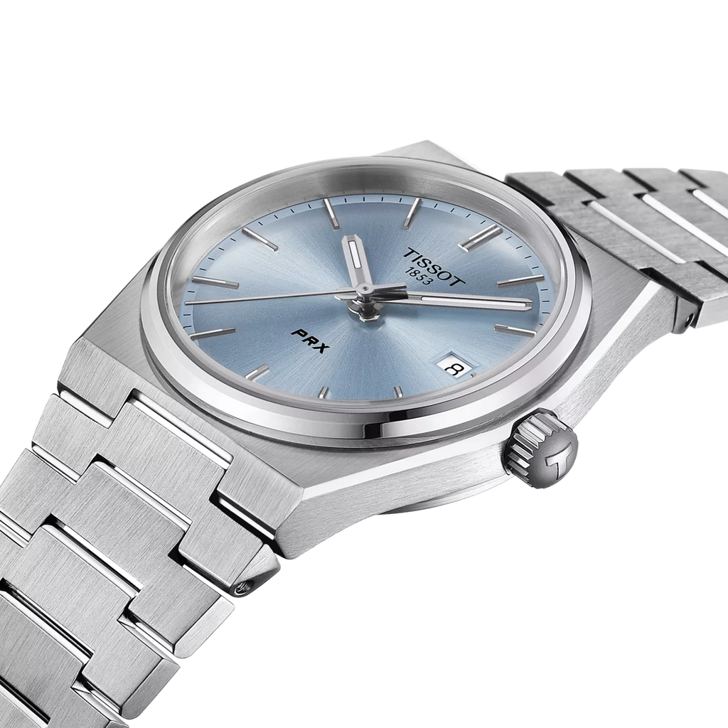 Reloj Tissot PRX 35 mm Cuarzo Azul claro T137.210.11.351.00 – detalle de esfera y acabados