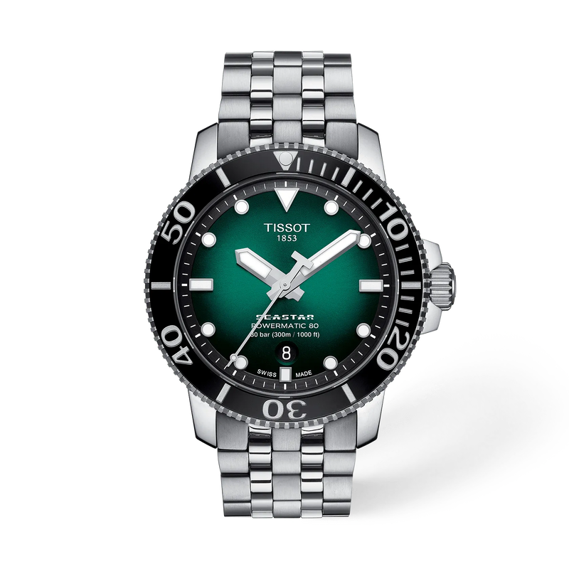 T120.407.11.091.01 — Vista frontal del reloj Tissot Seastar 1000 43mm con sombra