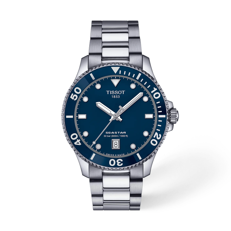 T120.410.11.041.00 — Vista frontal del reloj Tissot Seastar 1000 40mm con sombra