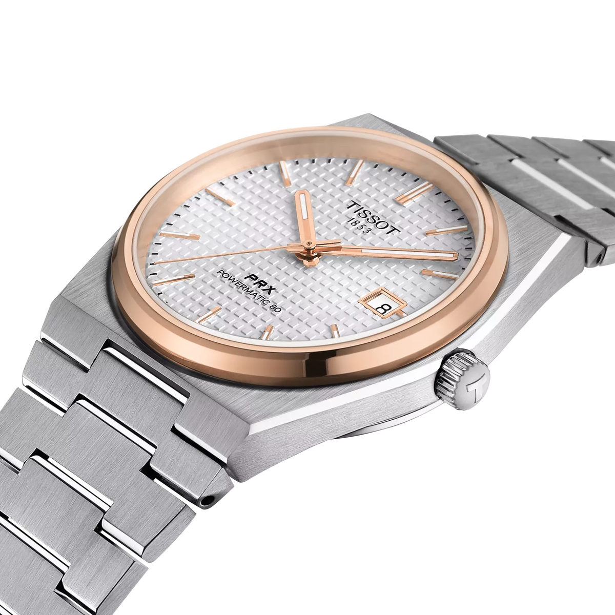 Reloj Tissot PRX Powermatic 80 40 mm Automático Blanco y oro rosa T137.407.21.031.00 – detalle de esfera y acabados